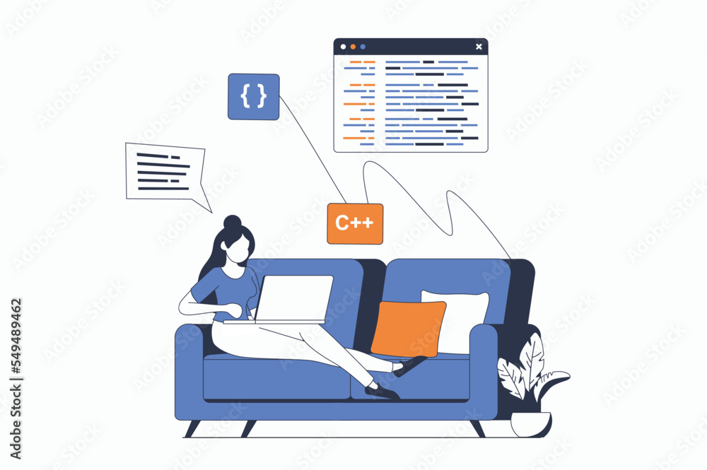 Aufkleber Freelance working concept with people scene in flat outline design. Woman developer doing tasks remotely and programming on laptop at home. Vector illustration with line character situation for web