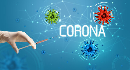 Obraz na płótnie Canvas Syringe, medical injection in hand, coronavirus vaccine concept
