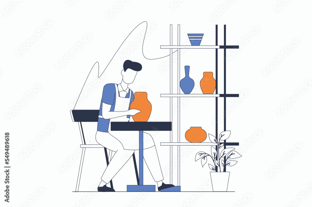 Fototapete hobby concept with people scene in flat outline design. man in apron is engaged in pottery and creat