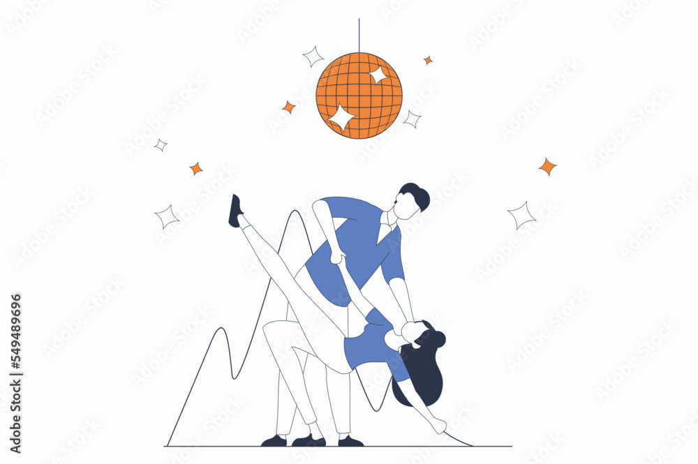 Poster hobby concept with people scene in flat outline design. man and woman are engaged in dancing and dan