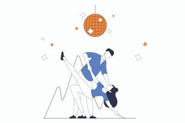 Hobby concept with people scene in flat outline design. Man and woman are engaged in dancing and dance as couple on floor in ballroom studio. Vector illustration with line character situation for web