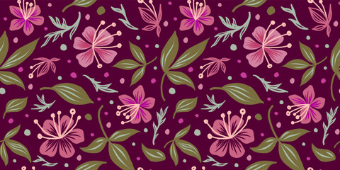 Seamless pattern of pink flowers, various leaves on a maroon background. Collection of herbal prints. Creative design. Hand drawn vector illustration.