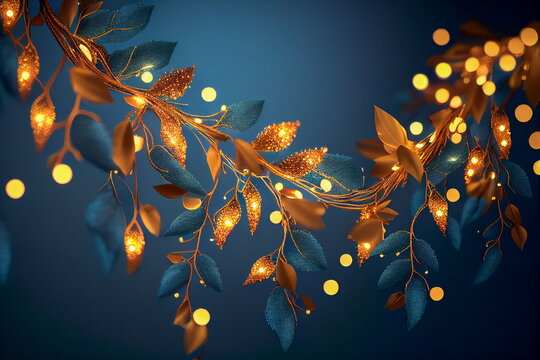 Christmas warm gold garland lights over blue background with glitter overlay