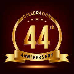 44th Anniversary Celebration. Anniversary Celebration Logo Design with Golden Ring and Ribbon. Vector Template Illustration