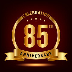 85th Anniversary Celebration. Anniversary Celebration Logo Design with Golden Ring and Ribbon. Vector Template Illustration