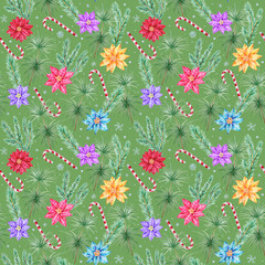 Watercolor Christmas seamless pattern with Poinsettia star flowers, green branches and candy canes