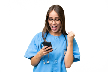 Young nurse caucasian woman over isolated background surprised and sending a message
