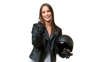Young pretty caucasian woman with a motorcycle helmet over isolated background doing coming gesture