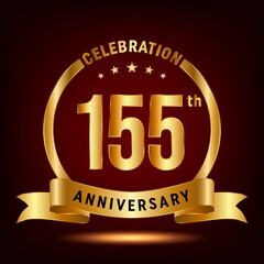 155th Anniversary Celebration. Anniversary Celebration Logo Design with Golden Ring and Ribbon. Vector Template Illustration