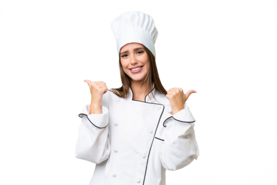 Young chef caucasian woman over isolated background with thumbs up gesture and smiling