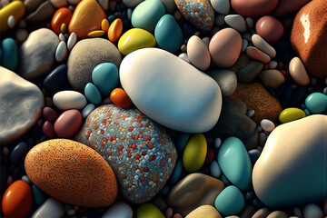 close up of colorful  round smooth pebbles  tiny stone look like candy