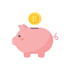 Piggy bank and bitcoin coin isolated on white background. Vector illustration