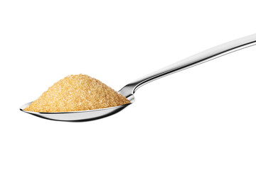 Teaspoon with dark brown granulated sugar isolated on white.