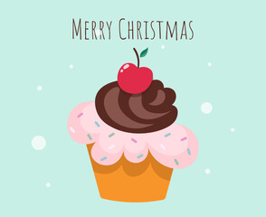 Cute Christmas and New Year cupcake. Merry Christmas. Appetizing sweets on a light background. Festive cake. Postcard, banner. Vector isolated. Flat style. Creative element for your design.