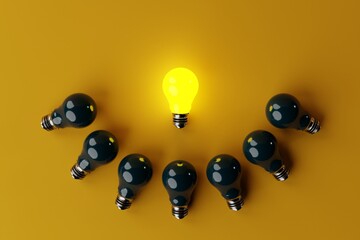 One lit Yellow light bulb in the background of other non-luminous light bulbs, orange background. The concept of the formation of ideas, creativity, problem solving. 3d render