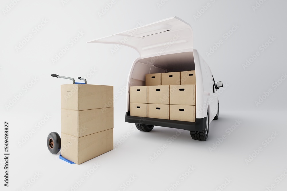 Sticker Commercial delivery white van with cardboard boxes on white background. Delivery order service company transportation box business background with van truck. 3d rendering, 3d illustration.