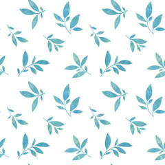 Naklejka na ściany i meble Pattern with watercolor green leaves on branches. Abstract botanical background from watercolor leaves.