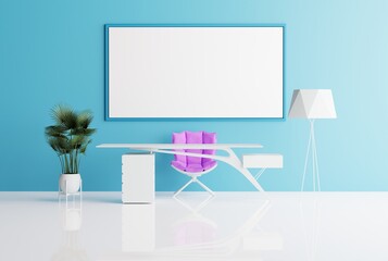 View of a modern office with an empty picture frame on a blue wall, background. Modern office furnishing concept, desk, plants and lamp. 3D render; 3D illustration.