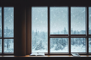 Plakat Wooden Cabin with Multiple Large Windows for A View of Snowfall in Winter, Work space With a Serene Environment, Cold, Calm, Cozy, White Snow Scenery | Generative Ai Art