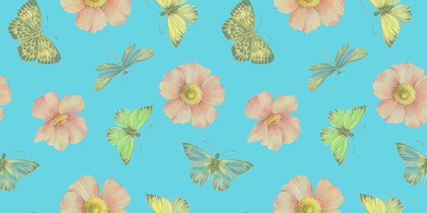 Fototapeta na wymiar seamless abstract pattern with butterflies and flowers for design, wallpaper, textile
