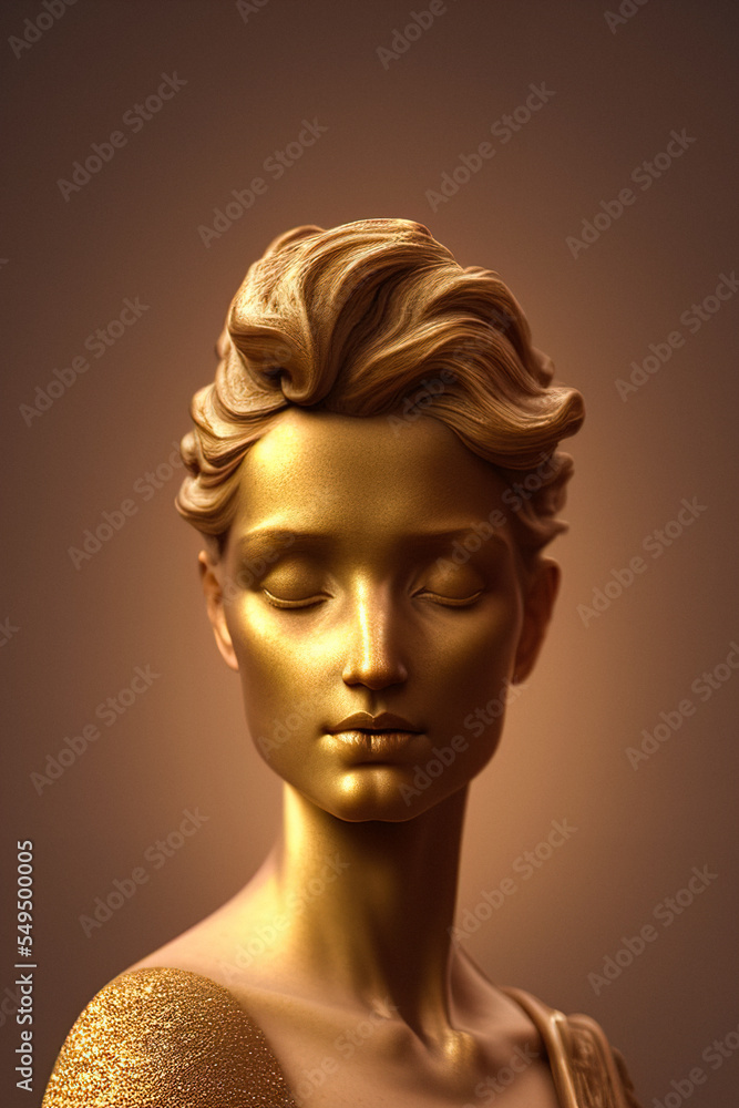 Wall mural Greek bust of a beautiful woman, a statue made of gold, a stone portrait of an ancient face