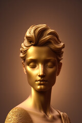 Greek bust of a beautiful woman, a statue made of gold, a stone portrait of an ancient face