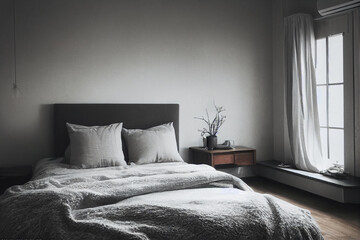 Modern Cozy Bedroom at Winter with warm white Blankets and lights, bedside table, Beautiful large Windows | Generative ai Art