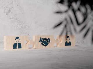 Wooden blocks with an icon of a woman and a man and mediation. Concept of mediation between spouses, divorce. Divorce proceedings before the Court. The role of the mediator..3D illustration. - obrazy, fototapety, plakaty