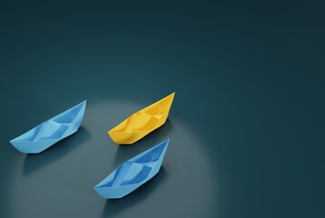 Paper ships sailing in one direction. The concept of business, racing, achieving the goal. Following one chosen direction in life. 3D render, 3D illustration.