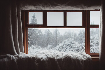 Snow Covered Trees Through the Large Window of A Cozy Wooden Cabin, Bedroom with White Blankets and White Curtain | Generative art