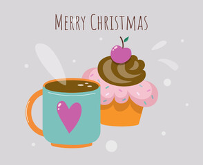 Christmas cupcake and a cup of tea or coffee. Merry Christmas. Cute appetizing sweets on a light background. Festive cake. Postcard, banner. Vector isolated. Flat style. Creative element for design.