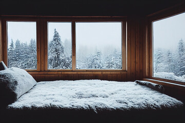 Snow Covered Trees Through the Large Window of A Cozy Wooden Cabin, Bedroom with White Blankets and White Curtain | Generative art