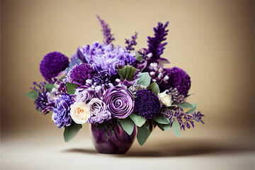 Winter purple floral bouquet using a unique arrangement of flowers and foliage to create a natural look with winter hues and tones. Studio setting clean backdrop | Generative Ai Art