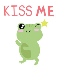 Cute cartoon illustration of a frog. Text Kiss me. Cute vector illustration frog doodle style. frog with a motivational inscription. Simple flat vector cartoon illustration EPS
