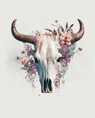 a cow skull on a white background, surrounded by pink flowers, water color style, ai assisted