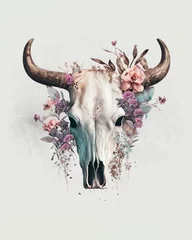 Wall murals Aquarel Skull a cow skull on a white background, surrounded by pink flowers, water color style, ai assisted