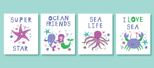 Cute marine animals cards for birthday, children pirate party invitation. Kids posters with sea creatures and corals, whale, octopus, under the sea poster, ocean greeting card vector set EPS