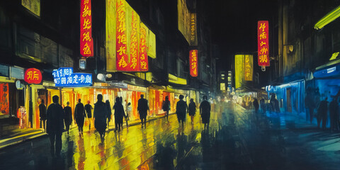 Image of Chinese city at night, walking people and city lights in oil paint style, illustration