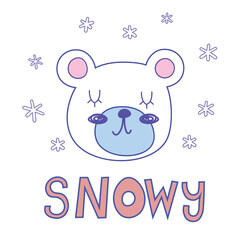 Cute line bear head. Hand drawn vector character. Snowy lettering. Scandinavian cartoon style. For web, posters, invitations, postcards, greeting cards, flyers, etc. EPS