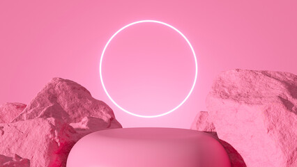 Modern, Trendy, Abstract Pink Pedestal Background With Rocks And Neon Circle - 3D Illustration