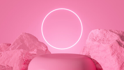 Modern, Trendy, Abstract Pink Pedestal Background With Rocks And Neon Circle - 3D Illustration	