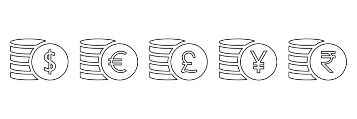 Coins stack line icon set. Money linear symbol collection. Business payment concept. Vector isolated on white.