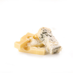 Pieces of Parmesan Cheese, Swiss Cheese, Emmenthal, Blue Cheese, isolated on white background