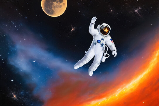 An astronaut in a spacesuit staying in outer space during a mission flies ahead. Illustration