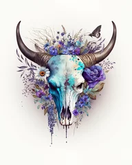 Peel and stick wall murals Aquarel Skull a cow skull on a white background, surrounded by purple and blue flowers, water color style, bull, horns, farmhouse decor, boho, ai assisted