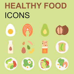 Healthy food icons set, vector, flat icons