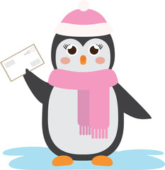  Vector illustration of penguin character in pink scarf and hat with letter in envelope in cartoon style