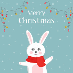 Christmas card with cute bunny wearing red scarf on a blue background with colour led lights and wishing a Merry christmas