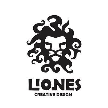 Vector illustration of black lion head logo design with cutly mane