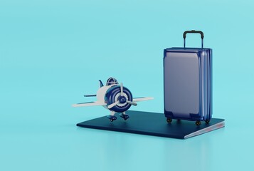 A passport with a suitcase and a model airplane on it. The concept of traveling abroad, travel by plane, vacation, travel to another country, region of the world. 3D render, 3D illustration.